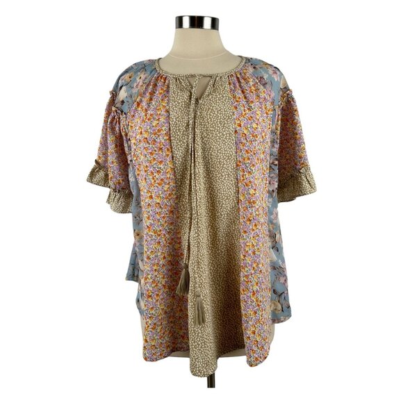 GIGIO USA Tops - GIGIO USA Small Blouse Floral Ruffle Sleeve Boho Top Front Tassel Tie Flowy